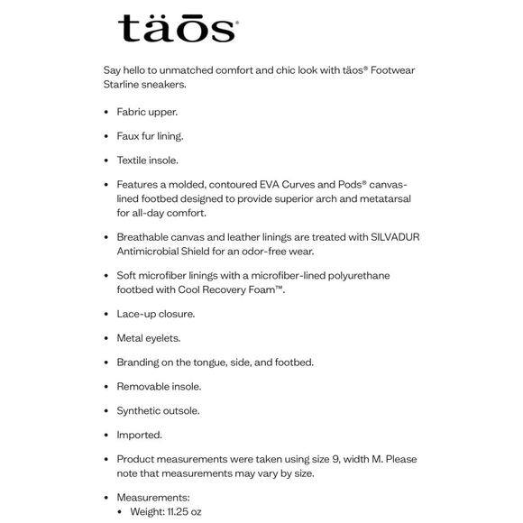 NIB Taos Footwear 9W WIDE Starline Canvas Faux Fur Sneakers - Picture 11 of 11